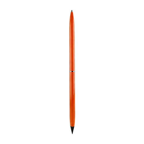 An orange double-ended pencil and ballpoint pen with a sleek design. It features a branding logo.