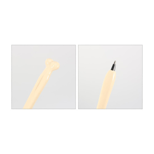 A generic bone-shaped pen in cream colour, featuring a rounded top and a silver-tipped writing end.