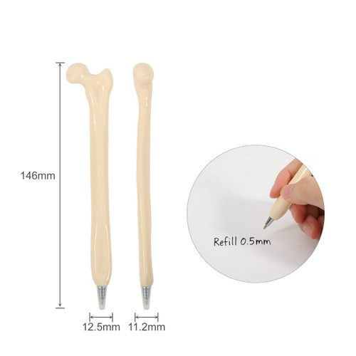 Two femur bone pens in a light cream colour with a silver tip, alongside an image of writing with one of the pens.