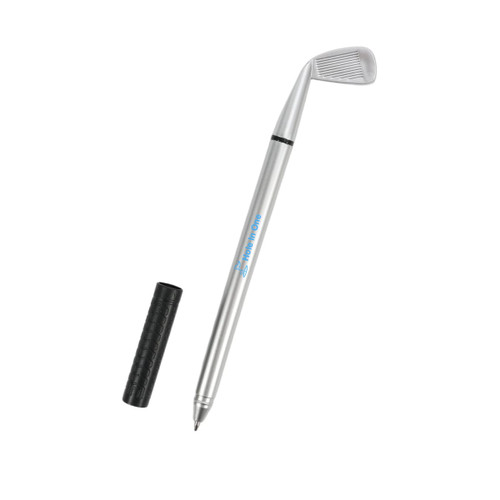 A silver golf pen featuring a golf club design, accompanied by a black grip cover.