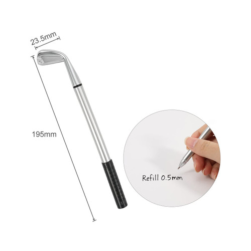 A golf club-shaped pen in silver with a black grip, measuring 195mm in length. Includes a 0.5mm refill.