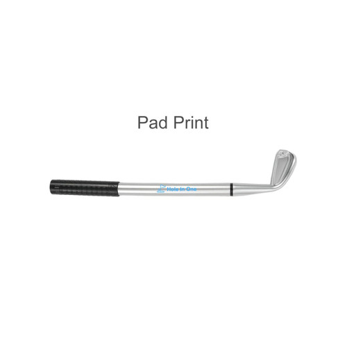 A silver golf pen designed to resemble a golf club, featuring a textured black grip and a logo.