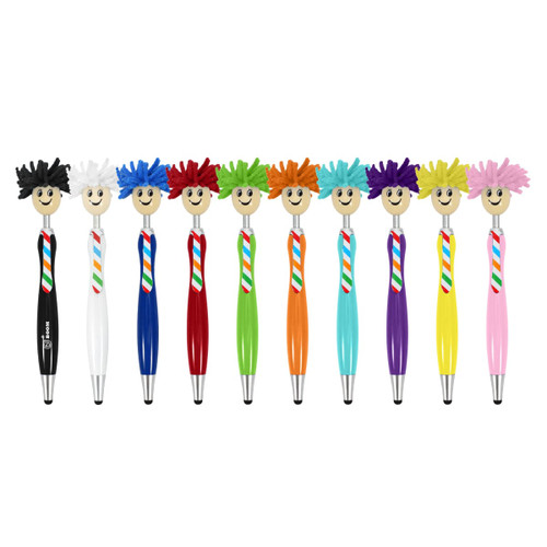 A collection of ten Mop Topper pens in various colours, each featuring a cheerful, fuzzy-haired character on top.