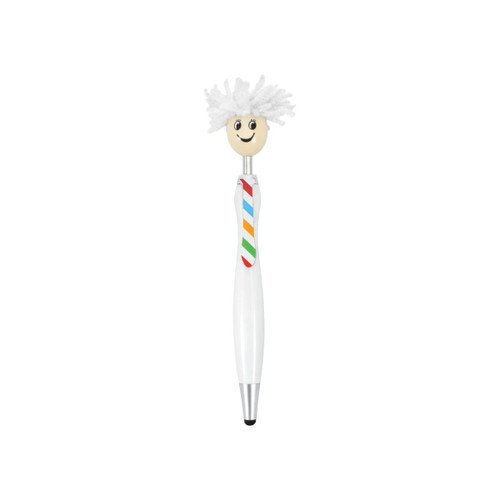 A pen with a white body, a smiling character head, and a colourful striped tie. It features a branding logo.