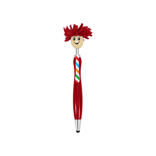 A red pen with a smiley head, featuring red yarn hair and a striped tie, plus a logo on the side.