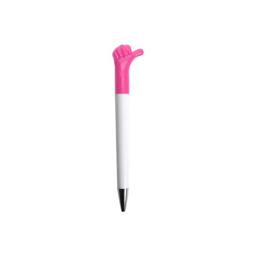 A pink and white pen featuring a thumb-up design at the top and a silver tip for writing.