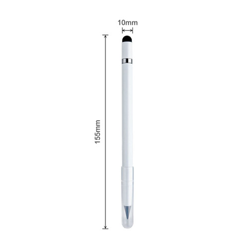 A white 3 in 1 pencil featuring a stylus tip, with a sleek design and a silver accent. It includes a logo.