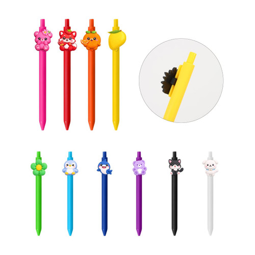 A collection of colourful pens featuring various cute animal toppers in pink, orange, yellow, blue, purple, and black.