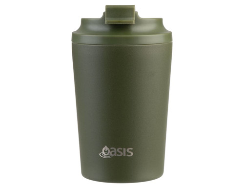 A green insulated coffee cup with a ceramic lining and a lid. It features a logo on the front.