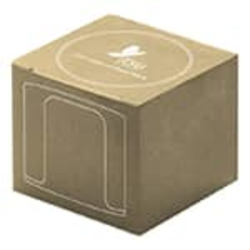 A brown square box with rounded edges and a circular label on top. It includes a logo and has a minimalistic design.