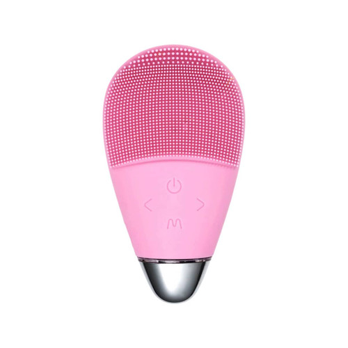 A pink silicone facial cleansing brush with textured surface and control buttons, featuring a metallic base.