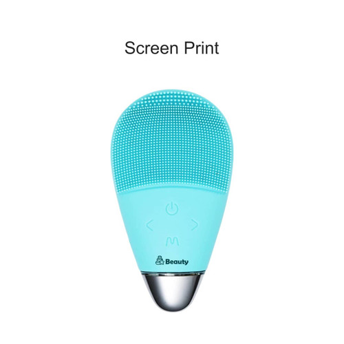 A silicone facial cleansing brush in light blue, featuring a textured surface and control buttons, with a logo.