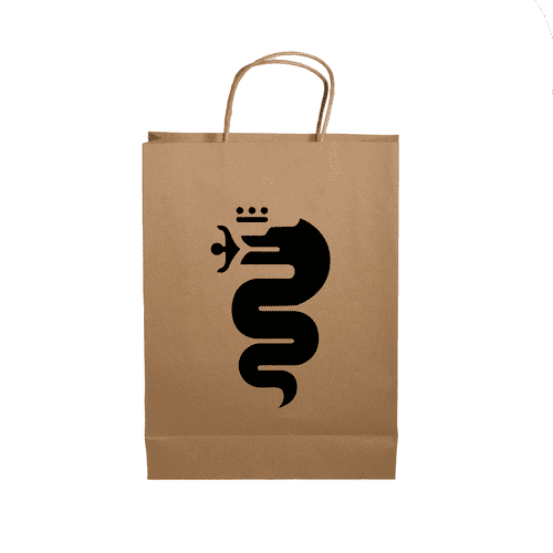 A brown paper show bag featuring a black snake design and a logo. The bag has two handles for carrying.