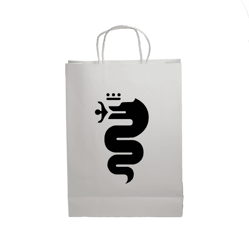 A white paper show bag featuring a black snake design and two handles.
