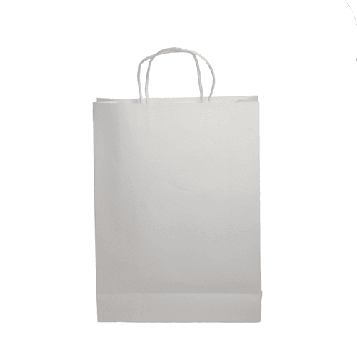 A white paper show bag with two handles, featuring a plain design and no visible branding.