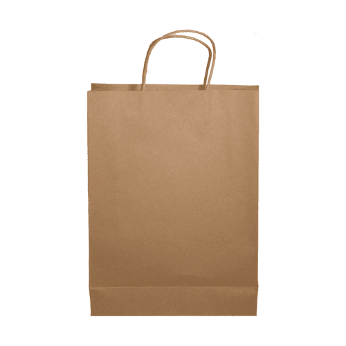A brown paper bag with twisted handles and a flat base, suitable for various uses.