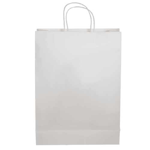 A white paper shopping bag with two handles and a smooth surface, featuring a branding logo.