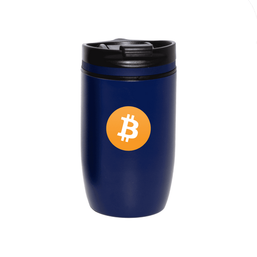A drink bottle in navy blue with a black lid and a logo featuring a Bitcoin symbol.