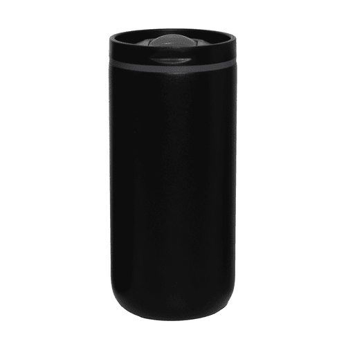 A drink bottle featuring a black vacuum tumbler design with a lid and a logo.