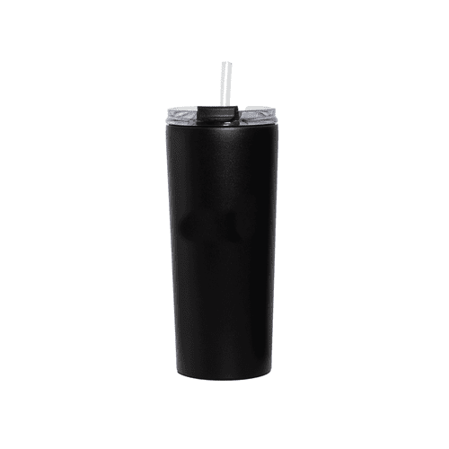 A drink bottle in sleek black finish with a clear lid and straw, featuring a branding logo.