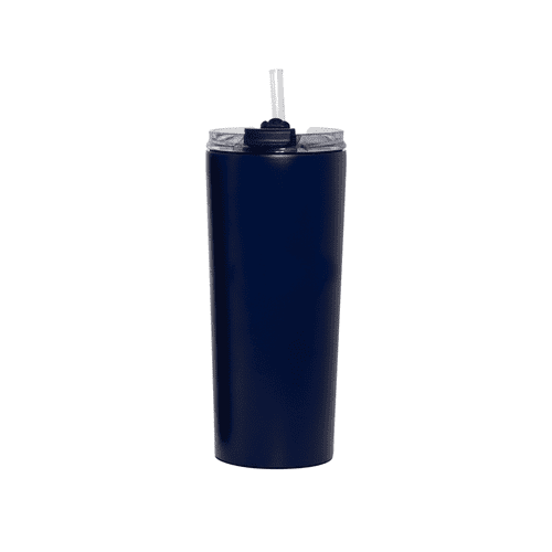 A drink bottle featuring a navy blue finish with a lid and straw, designed for vacuum insulation.