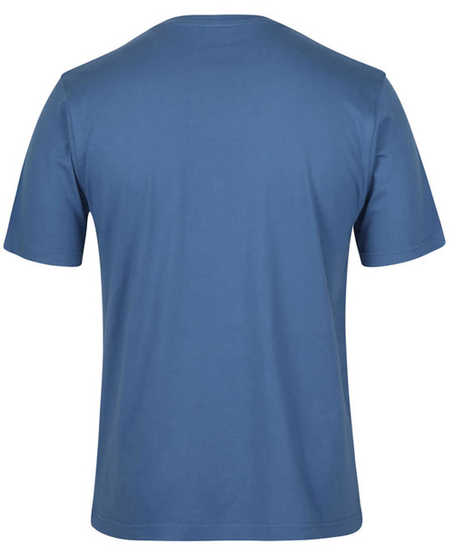 A plain blue T-shirt with a crew neckline and short sleeves, featuring a logo on the back.