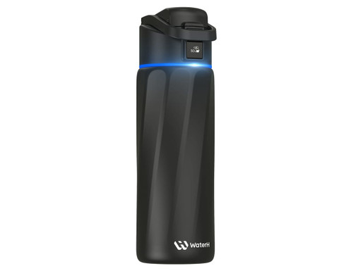 A drink bottle in matte black with a sleek design and a logo, featuring an LED indicator on the lid.