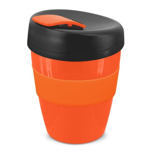 A drink bottle in vibrant orange with a black lid and a black silicone band. It features a logo on the side.