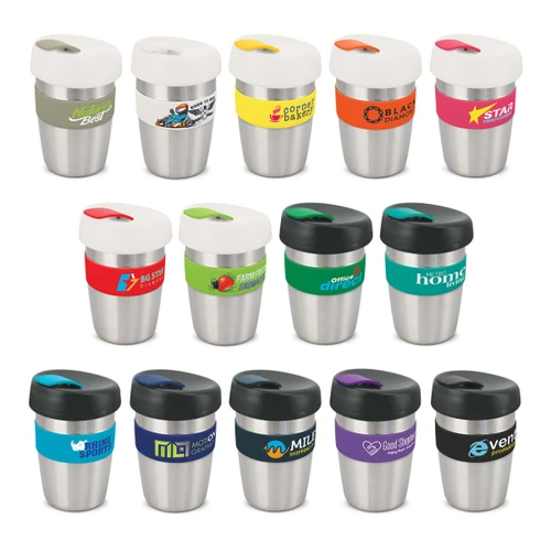 A range of reusable coffee cups in various colours with silicone bands and lids, all featuring different logos.