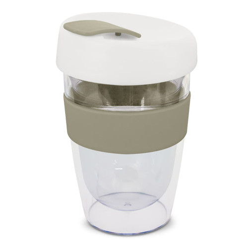 A drink bottle featuring a transparent body with a white lid and a beige silicone band. It has a logo.