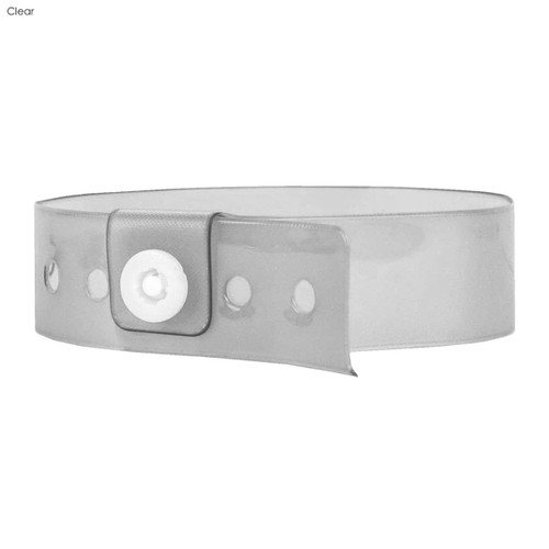 A clear vinyl wristband with a snap closure and multiple holes for size adjustment. It features a logo on the band.