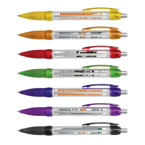 A collection of plastic pens in various colours: yellow, orange, red, green, purple, and black, featuring logos.