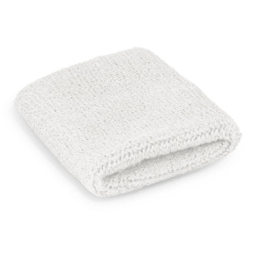 A white wrist sweat band made of textured fabric, folded neatly with a soft finish. It features a small logo.