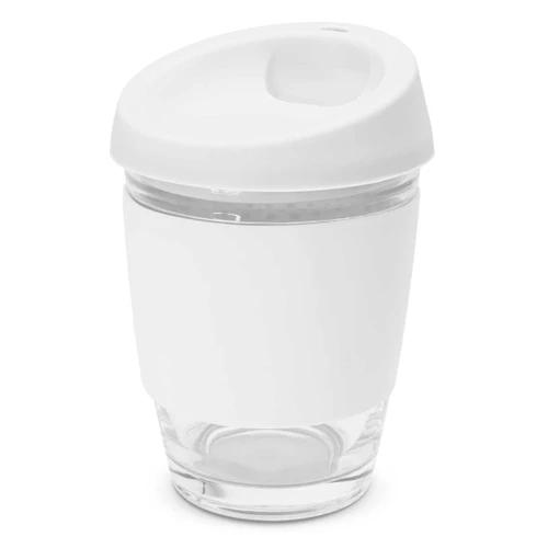 A drink bottle in white with a clear glass base and a lid featuring a spout, designed for beverages.