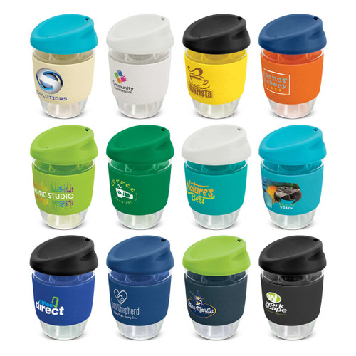 A drink bottle collection featuring various colours with silicone lids and transparent bodies, each with a logo.