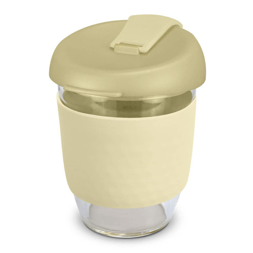 A drink bottle made of clear borosilicate glass with a pale yellow silicone sleeve and a matching lid.