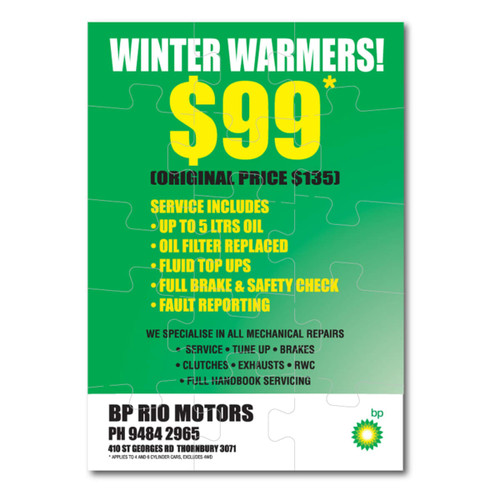 A magnetic jigsaw in a puzzle format featuring a winter service promotional design, predominantly in blue and white.