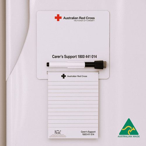 A magnetic whiteboard to-do list in white with a black pen and a note pad, featuring a logo in the corner.