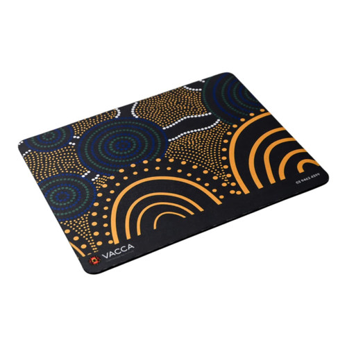 A mouse mat featuring an Aboriginal-inspired design with blue, orange, and white patterns. It includes a logo.