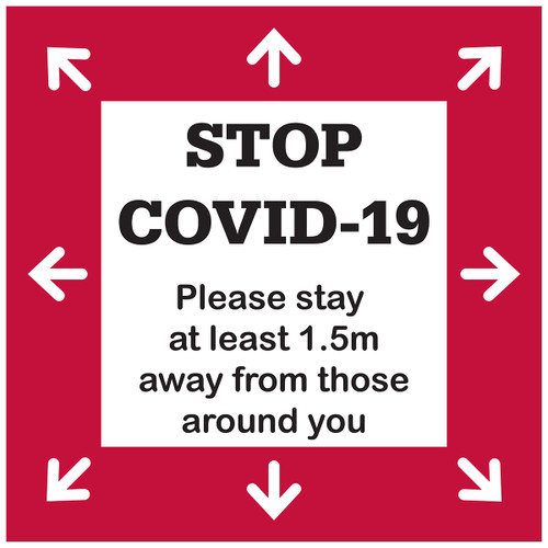 A floor decal sticker in red and white, featuring arrows and a message about maintaining social distance.