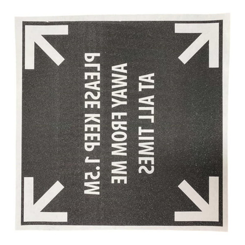 A square digital iron-on transfer featuring a black background with white directional arrows and text.