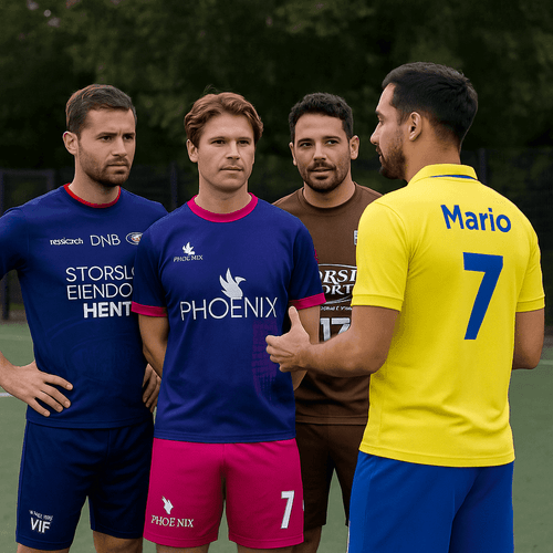 Four players in various colourful soccer jerseys: blue, purple, brown, and yellow, standing on a field.