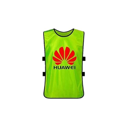 A bright green sports vest featuring a logo, designed for use in soccer and other sports activities.