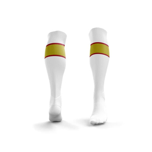 White soccer socks with a yellow and red stripe design, featuring a logo on the side.
