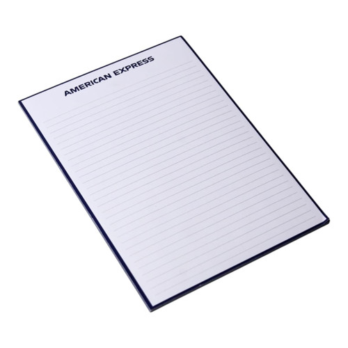 A5 notepad with a blue cover and lined pages, featuring a logo at the top. Contains 50 leaves.