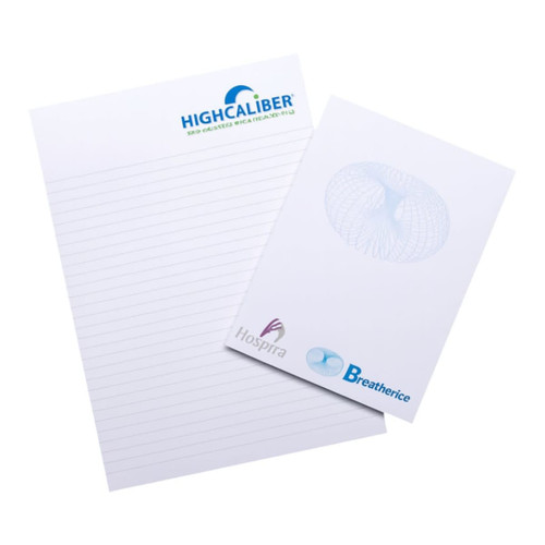 A4 notepad with 50 lined leaves, featuring a logo at the top and a light design on the front. White in colour.