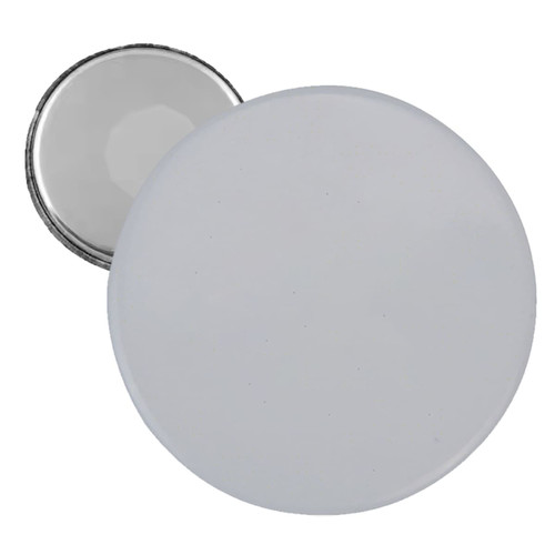 A round button badge with a white front and a metallic backing, featuring a smooth, glossy finish.