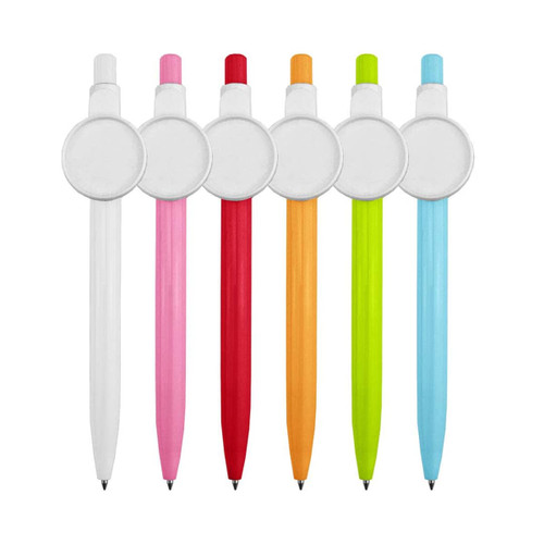 A collection of six plastic pens in white, pink, red, orange, green, and blue, each with a circular badge holder.