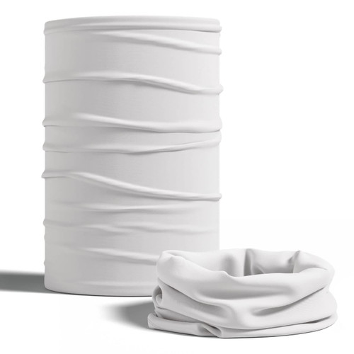 A white tubular bandana with a textured design, presented in a cylindrical shape and a folded format.