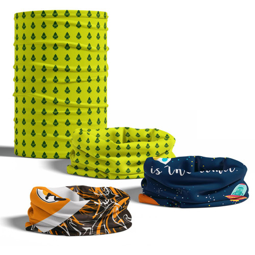 A collection of four tubular bandanas in various designs: bright yellow with trees, orange, black with patterns, and blue with stars.